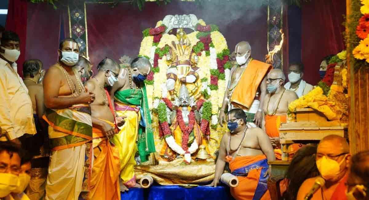 Yadadri Temple Brahmotsavam festival decorations with lights, flowers, at yadadri in Telangana