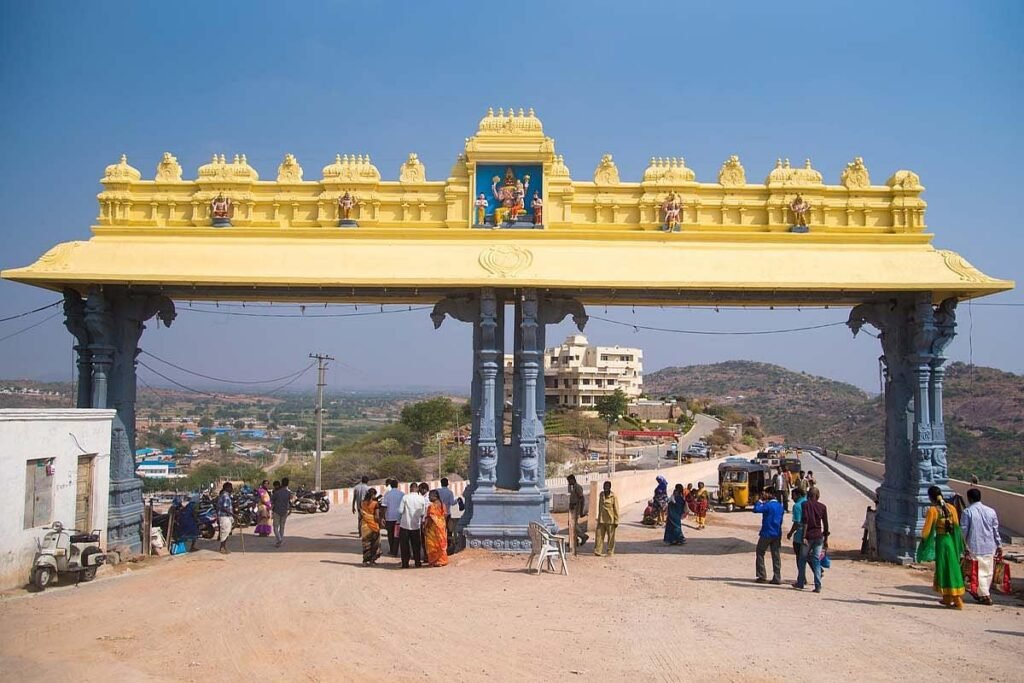Yadadri Temple entrance gateway with long stone corridors and traditional Hindu temple architecture design