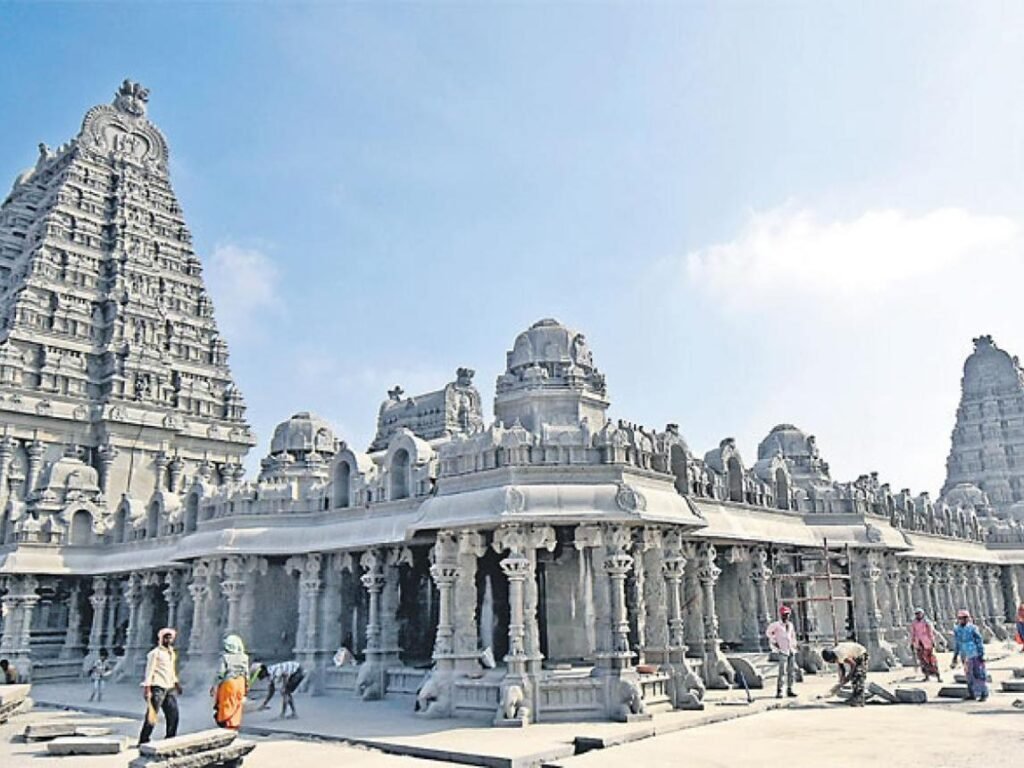 Close view of Yadadri Temple Dravidian style stone carvings and grand temple architecture in Telangana