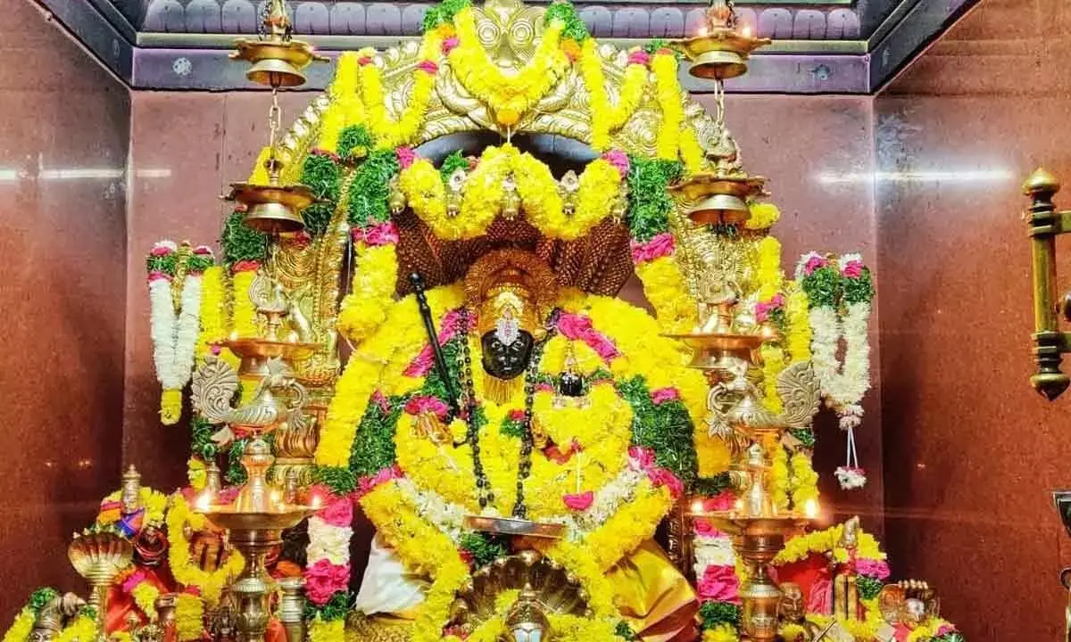 Sri Lakshmi Narasimha Swamy idol inside Yadadri Temple sanctum with Goddess Lakshmi seated on lap